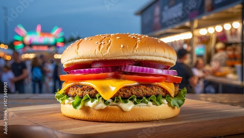 Burger Delight at the Fair: A mouthwatering burger with juicy patty, melted cheese, fresh lettuce, ripe tomato, and tangy onions.