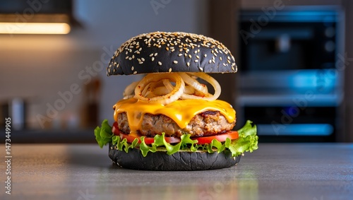 Gourmet Burger: A mouthwatering gourmet burger, with a black bun and a visually appealing arrangement of cheese, onion rings, tomato, and lettuce. A visual feast of culinary artistry.