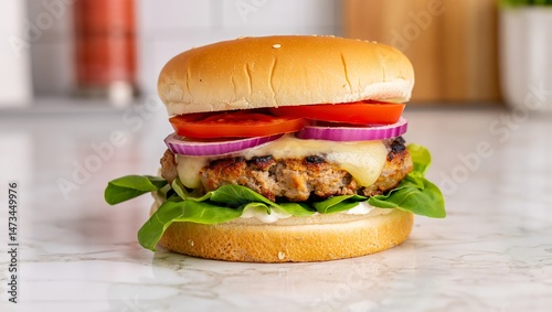 A Delicious Gourmet Burger: A mouthwatering image captures a beautifully crafted gourmet burger, a culinary masterpiece featuring fresh ingredients, promising a symphony of flavors. 