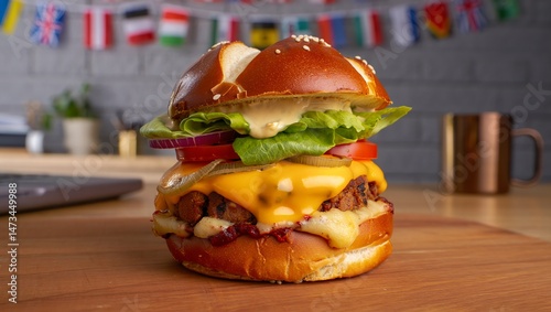 Gourmet Burger Delight: A mouthwatering close-up captures a meticulously crafted gourmet burger on a wooden board. This delicious composition highlights the burger's textures, fresh ingredients.