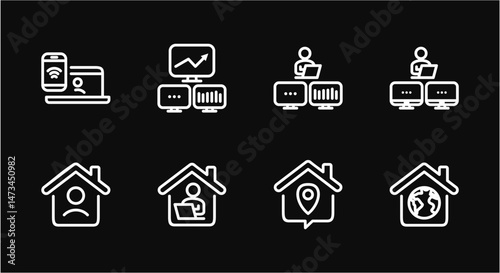 Remote Work Line Icons . Freelancer Work from Home, Video Call, Online Meeting, Teleconference Vector Set