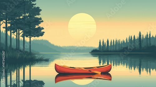 Serene sunset on a tranquil lake with a red canoe reflecting in the water.