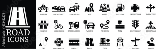 Road icon set.Road forks icon. Road sections of different shapes.vector icon illustration isolated on white background.Containing street, highway, traffic light, intersection and roundabout symbol.