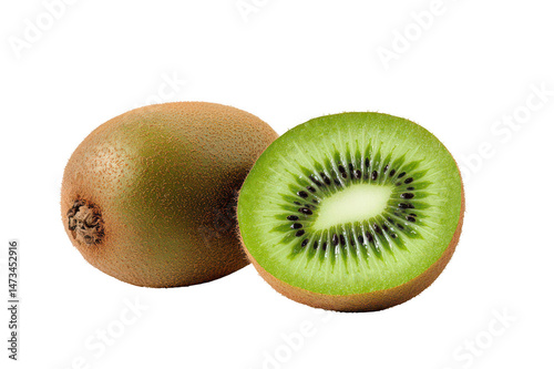 Close up view of sliced kiwi fruit with seeds on a completely dark setting on transparent background png