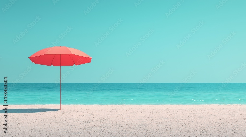 A vibrant coral umbrella on a tranquil beach under a clear turquoise sky. A vibrant coral umbrella on a tranquil beach under a clear turquoise sky.