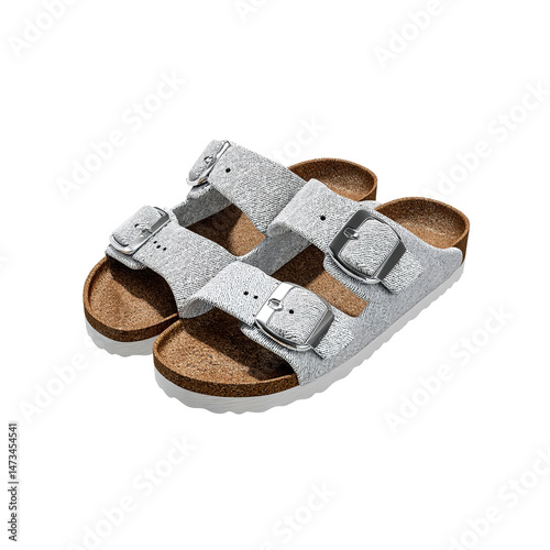 Pair of Light Grey Birkenstock Arizona Sandals with Silver Buckles