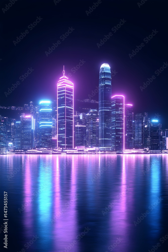 Fototapeta premium A vibrant cityscape with glowing neon lights reflected in the water