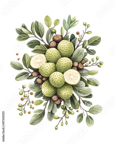 A vibrant illustration of a cluster of green fruits, accented by leaves and small brown berries, with two halved citrus fruits, resembling limes, adding a pop of color