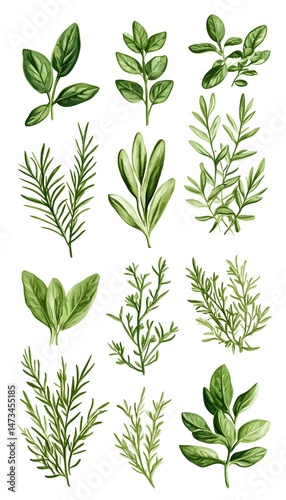 A watercolor illustration depicting various types of herbs, including rosemary, sage, and oregano, with vibrant green hues on a white background