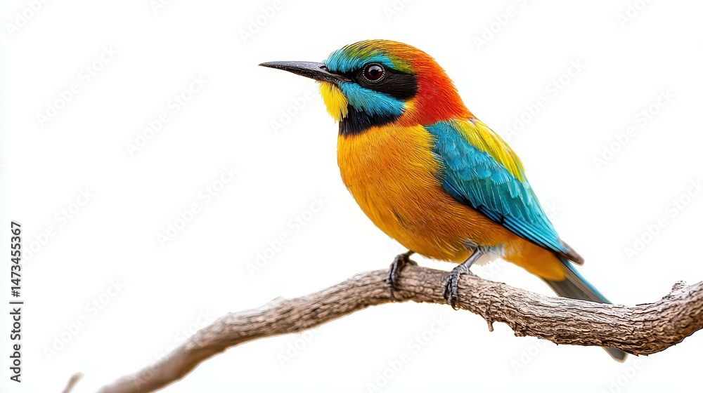 Obraz premium Vibrant multicolored bird perched on a branch against a white background.