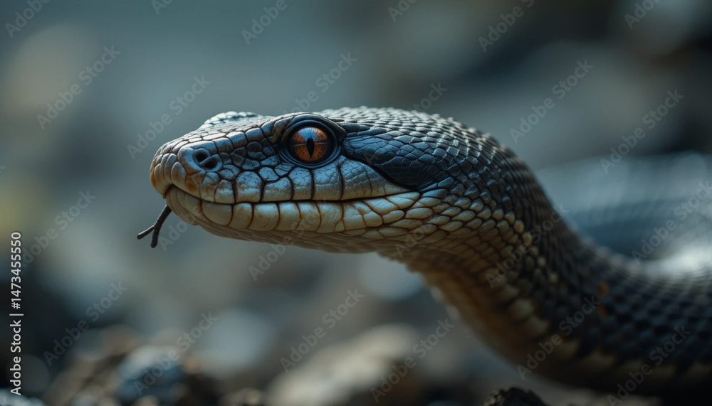 Detailed Snake Portrait Showing Tongue Flick with Brown Eyes in Nature Detailed Snake Portrait Showing Tongue Flick with Brown Eyes in Nature