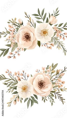 Two watercolor floral arrangements, each featuring a cluster of light pink roses with green foliage