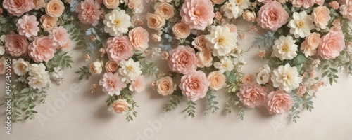 Pastel vintage floral artificial flower wall backdrop with lace details, elegant, background