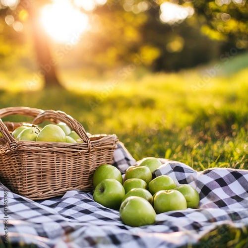 Organic Green Apple Picnic in Nature - Harvest Basket at Sunset in Summer Rural Scene