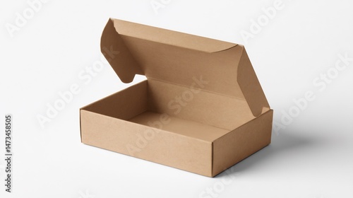 Slightly open rectangular corrugated cardboard box on a plain background