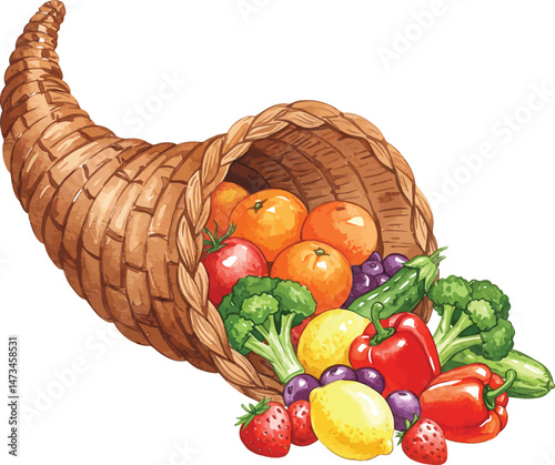 Cornucopia with Fruits and Vegetables Watercolor Illustration, Thanksgiving Harvest Cornucopia