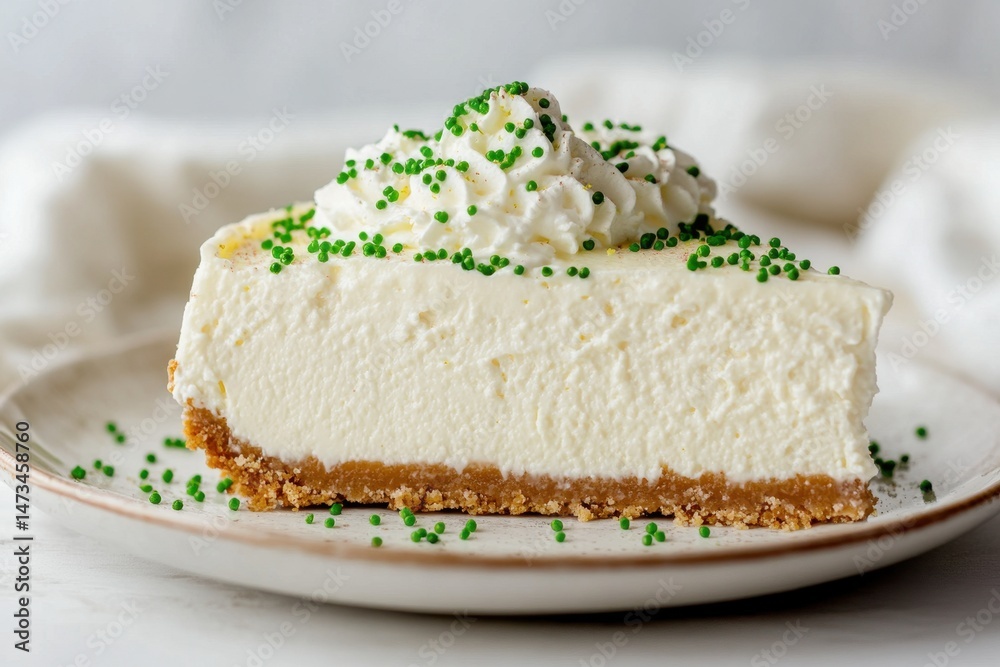 Creamy cheesecake slice with whipped cream and green sprinkles served on a plate, Creamy cheesecake topped with whipped cream and green sprinkles on minimalist background Creamy cheesecake slice with whipped cream and green sprinkles served on a plate, Creamy cheesecake topped with whipped cream and green sprinkles on minimalist background
