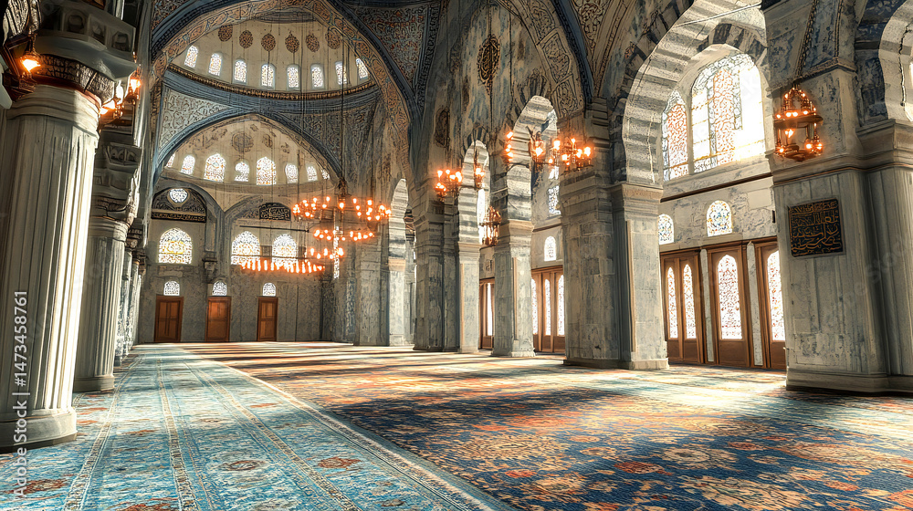 Obraz premium The Blue Mosque in Istanbul, Turkey. (Sultanahmet Camii). The Mosque is decorated with MAHYA specially for Ramadan. Writes to the mahya: 