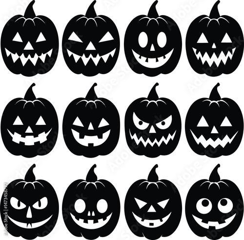 Funny Halloween pumpkin silhouette collection. Vector illustration isolated on a white background