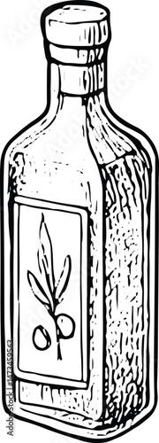 Olive oil bottle illustration, a pantry essential for cooking, shown in a vintage sketch style, perfect for kitchen and grocery projects on a light green background