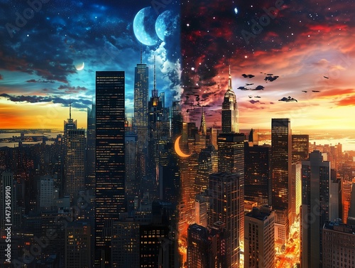 Epic Cityscape Skyline: Day and Night Urban Fantasy with Skyscrapers and Cosmic Night Sky Transition | Urban Landscape Illustration & Digital Art Visions