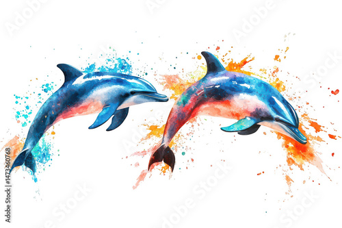 Watercolor illustration of two dolphins with vibrant splashes of color on transparent background png