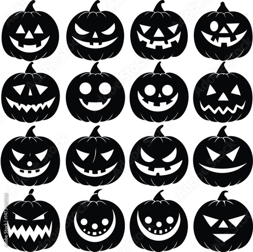 Funny Halloween pumpkin silhouette collection. Vector illustration isolated on a white background