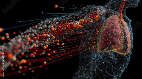 AI enhanced protein prediction visual flow with digital human lung anatomy and molecular structure in futuristic medical technology concept