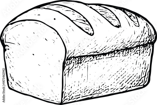Bread loaf illustration, a bakery staple for meals, depicted in a vintage sketch style, ideal for kitchen and grocery projects on a light green background