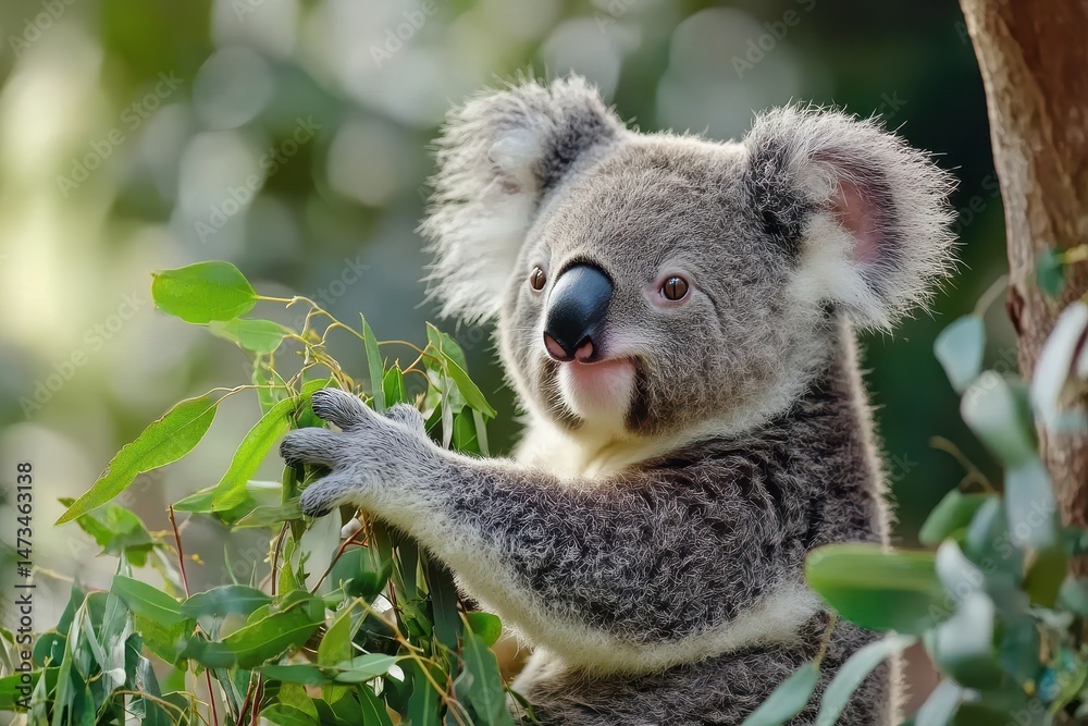 Naklejka premium Fluffy koala bear munching on eucalyptus leaves in its natural habitat in Australia, Fluffy Koala Bear eats tree leaves Fauna of Australia