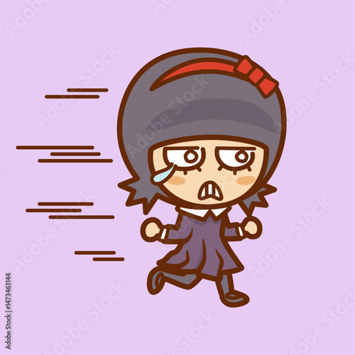 泣きながら逃げるように全力で走る女の子（正面向き）／A girl runs as fast as she can while crying (facing forward)