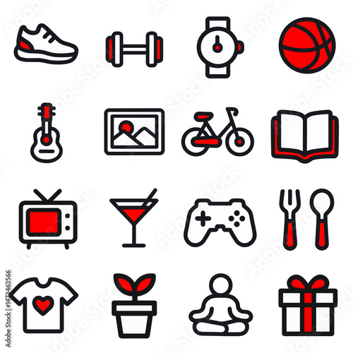 Red and Black Line Icons Hobbies, Lifestyle, and Leisure Activities