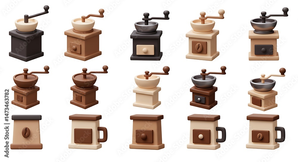 Charming Miniature Coffee Grinders and Mugs: A Collection of Warm Brown Tones Charming Miniature Coffee Grinders and Mugs: A Collection of Warm Brown Tones