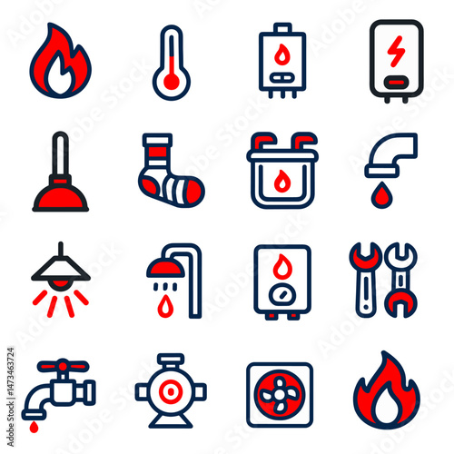 Collection of Plumbing, Heating, and Repair Icons in Red and Blue