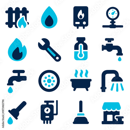 Plumbing and Heating System Icons A Comprehensive Set of Vector Graphics