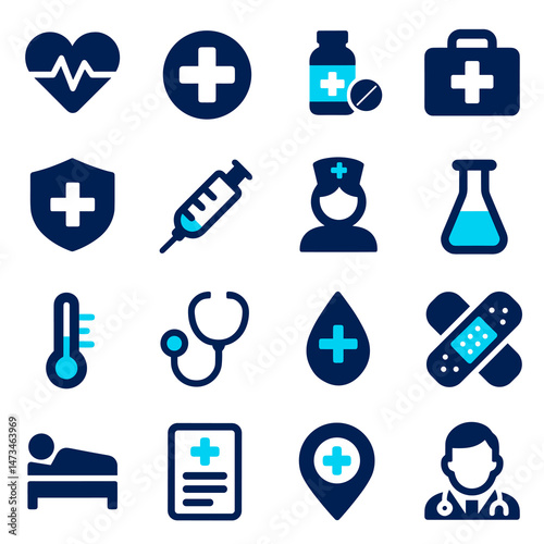 Medical Icons Healthcare Symbols Set - Blue and White Design
