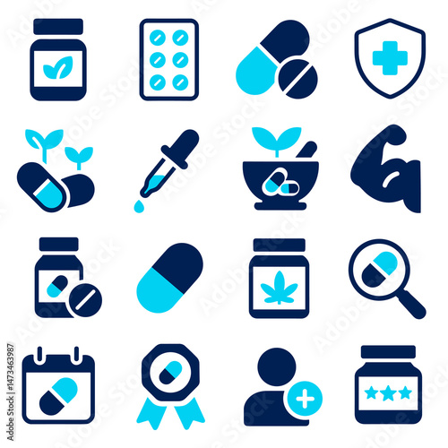 Collection of Medical and Pharmaceutical Icons Pills, Capsules, Herbs, and More
