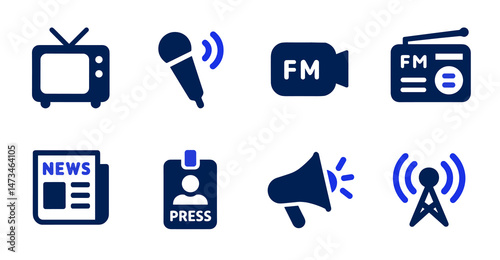 Mass Media Communication Icons Television, Radio, Microphone, Newspaper, Press Card, Megaphone, and