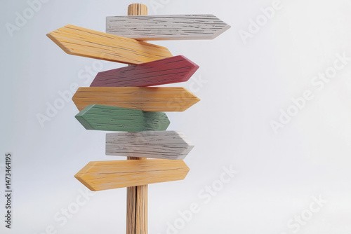 Colorful wooden sign post with multiple direction arrows, isolated on white background