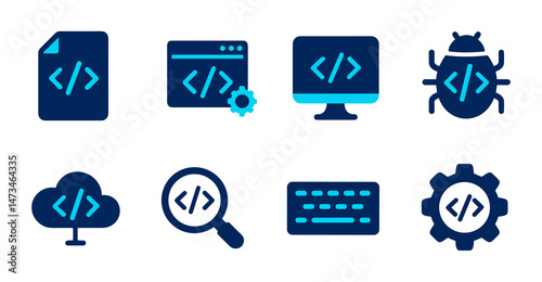 Set of Eight Coding Icons File, Website, Monitor, Bug, Cloud, Magnifier, Keyboard, and Gear