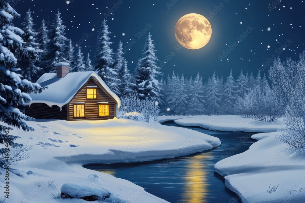 Naklejka premium Cozy cabin by a snowy river illuminated by a full moon with pine trees in the still winter night, Cozy cabin by snowy river with pine trees and full moon in winter night Winter tranquility concept