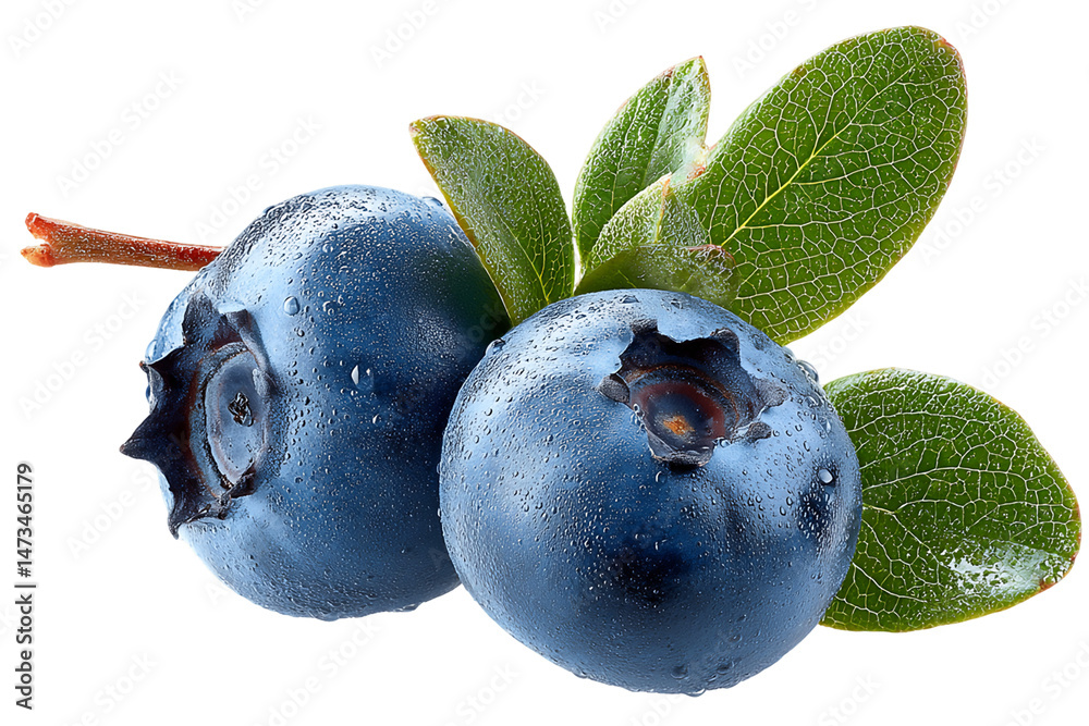 Obraz premium Closeup of Two Ripe Blueberries with Dewy Green Leaves on Transparent Background, PNG