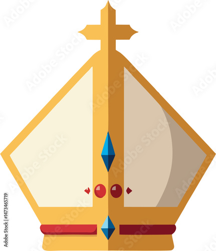 Flat Vector Illustration of Gold and White Papal Mitre with Cross and Gemstones – Religious Headwear Icon