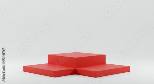 3D render of red product display podium, a geometric abstract stage for product presentation, isolated against a white background, studio shot.
