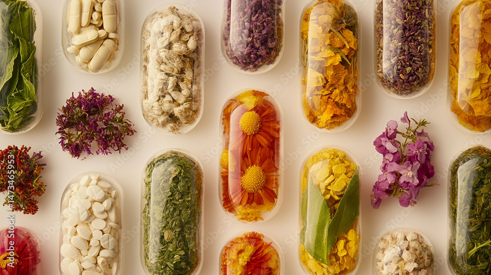 A single herbal medicine capsule floats against a bright neutral-toned background. Symbolizes natural wellness, holistic health, and clean pharmaceutical innovation in a modern minimal composition.