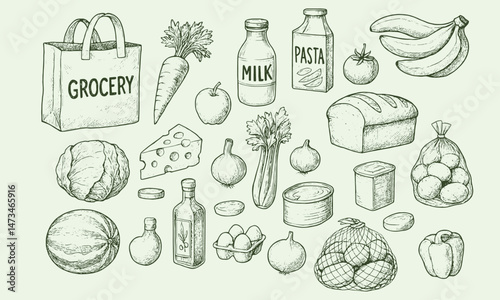 Vintage grocery items illustration with fresh produce, dairy, and pantry essentials in a detailed sketch style, perfect for cooking, shopping, and kitchen projects on a light green background