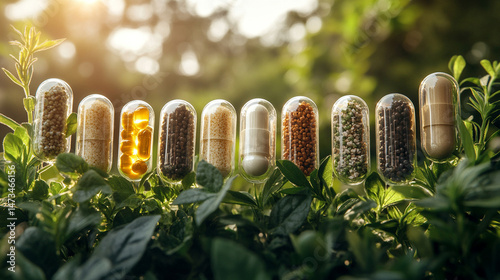 A single herbal medicine capsule floats against a bright neutral-toned background. Symbolizes natural wellness, holistic health, and clean pharmaceutical innovation in a modern minimal composition.

