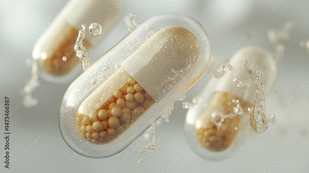 A single herbal medicine capsule floats against a bright neutral-toned background. Symbolizes natural wellness, holistic health, and clean pharmaceutical innovation in a modern minimal composition.