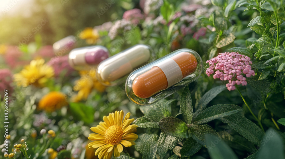 A single herbal medicine capsule floats against a bright neutral-toned background. Symbolizes natural wellness, holistic health, and clean pharmaceutical innovation in a modern minimal composition.