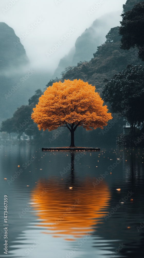 Hyperrealistic falling leaves cascade from a tree, symbolizing surrender and spiritual trust, with serene water reflections and a blurred minimalistic background enhancing the scene's contemplative mo